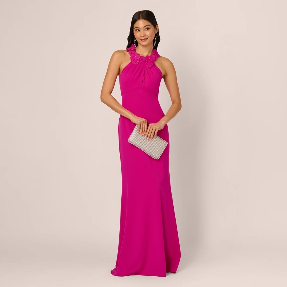 Adrianna Papell Fuchsia Halter Floral Neck Evening Gown